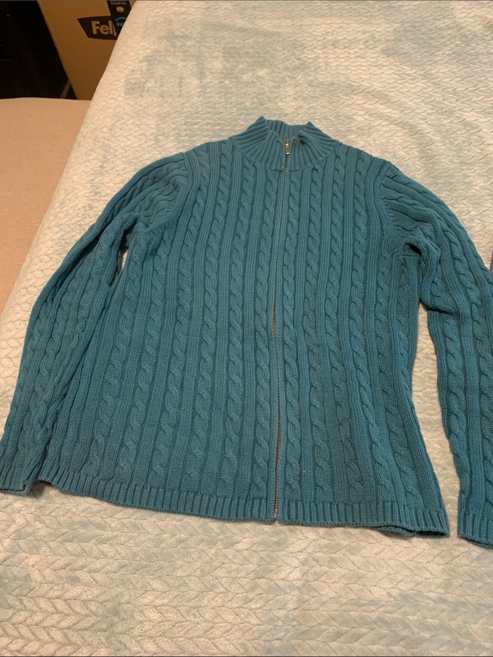 L.L. Bean Teal Cable-Knit Zip Cardigan